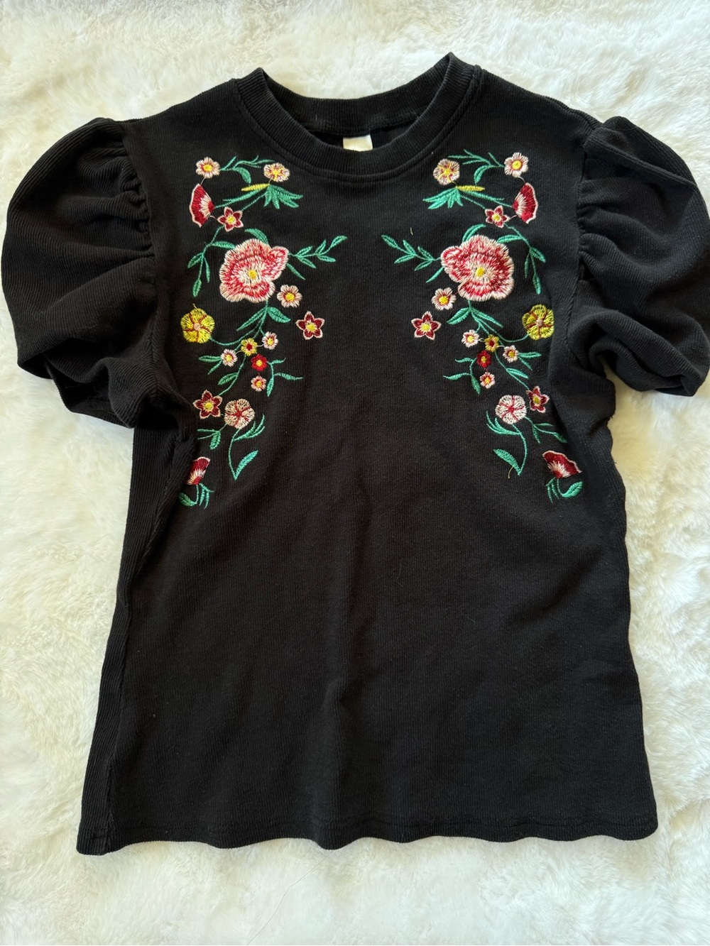 H&M Embroidered Floral Greenery Ribbed Ruffle Balloon Sleeve Blouse